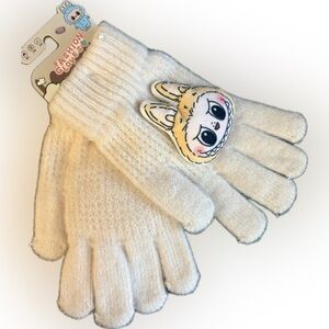 Cream Knit Gloves with Cute Labubu Character Patch